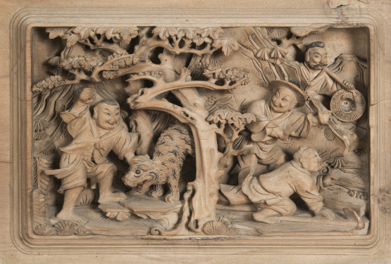 One of Eight Carvings with Figure Scenes
Late Qing dynasty or early Republican period
Wood
H 22.5 x W 34 cm
HKU.W.1990.0961 b

Wu Song fighting a Tiger on Jingyang Mountain